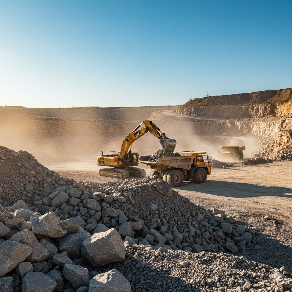 Heavy construction quarry with excavators loading bulk materials